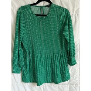 Adrianna Papell Green White Dot Print Long Sleeve Pleated Peplum Top Women's Med